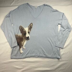 J. Jill Light Blue V-Neck Sweater with Corgi Graphic